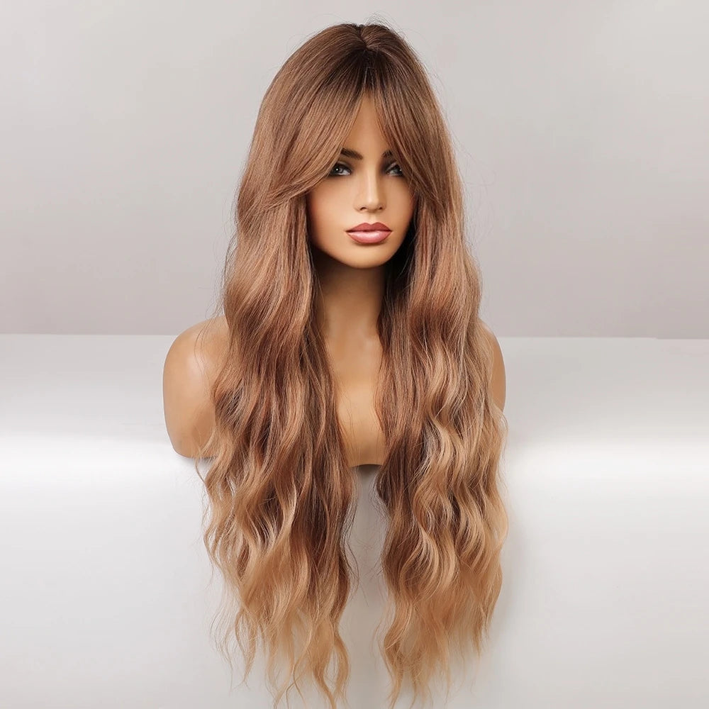 Blonde Unicorn Long Wavy Synthetic Dark Brown Hair Wigs Bangs Heat Resistant
