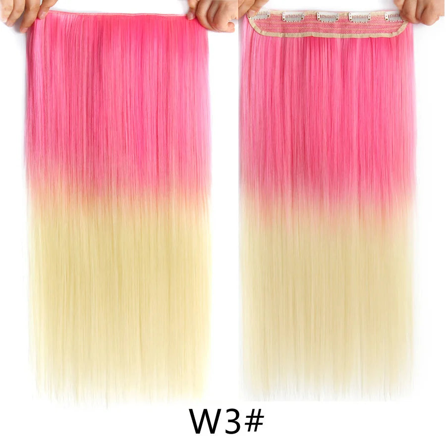 Synthetic 22Inch Clips in Hair Extension Long Straight 5Clip Ombre Black Brown