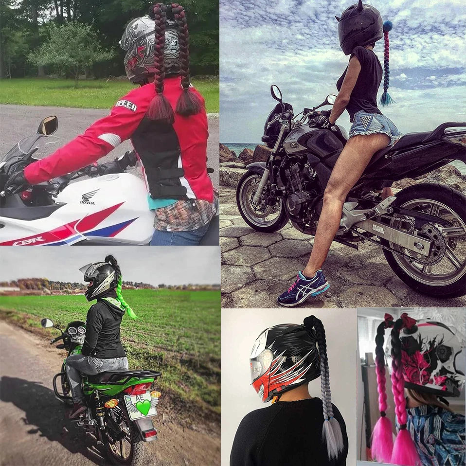 Synthetic Helmet Pigtails Gradient Ramp Braids Ponytail Hair Suction Cup Bowknot Motor