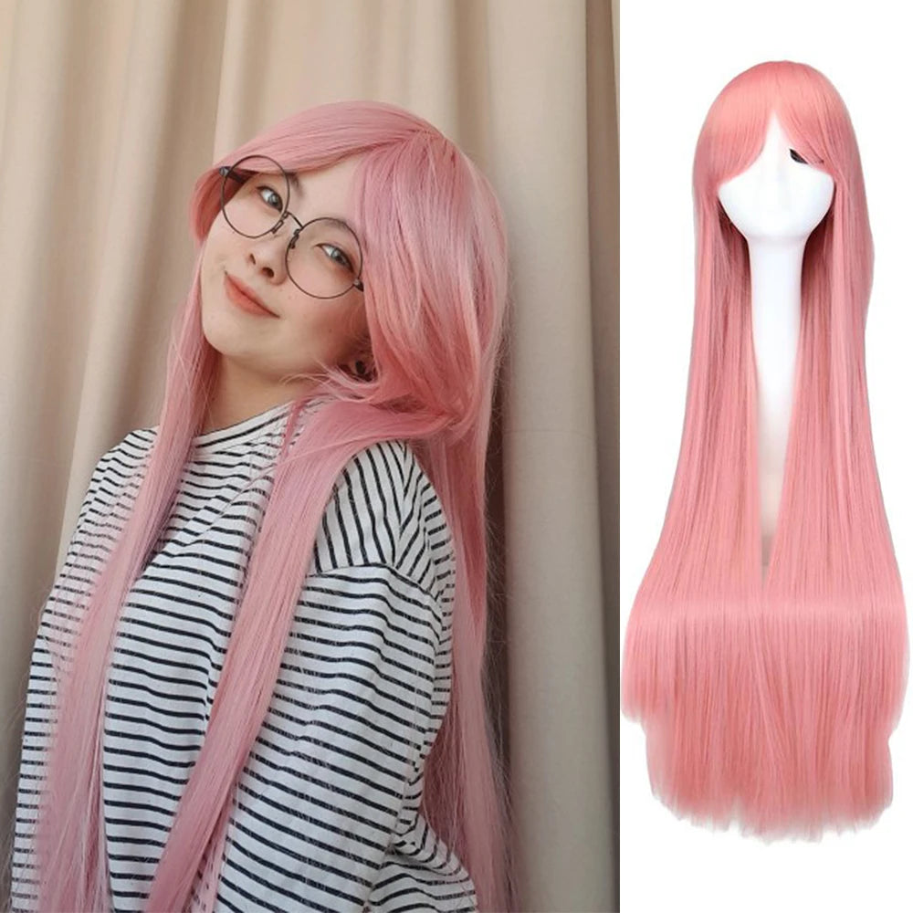 Long Straight Cosplay Wig Black Purple Red Pink Blue Dark Brown Cm