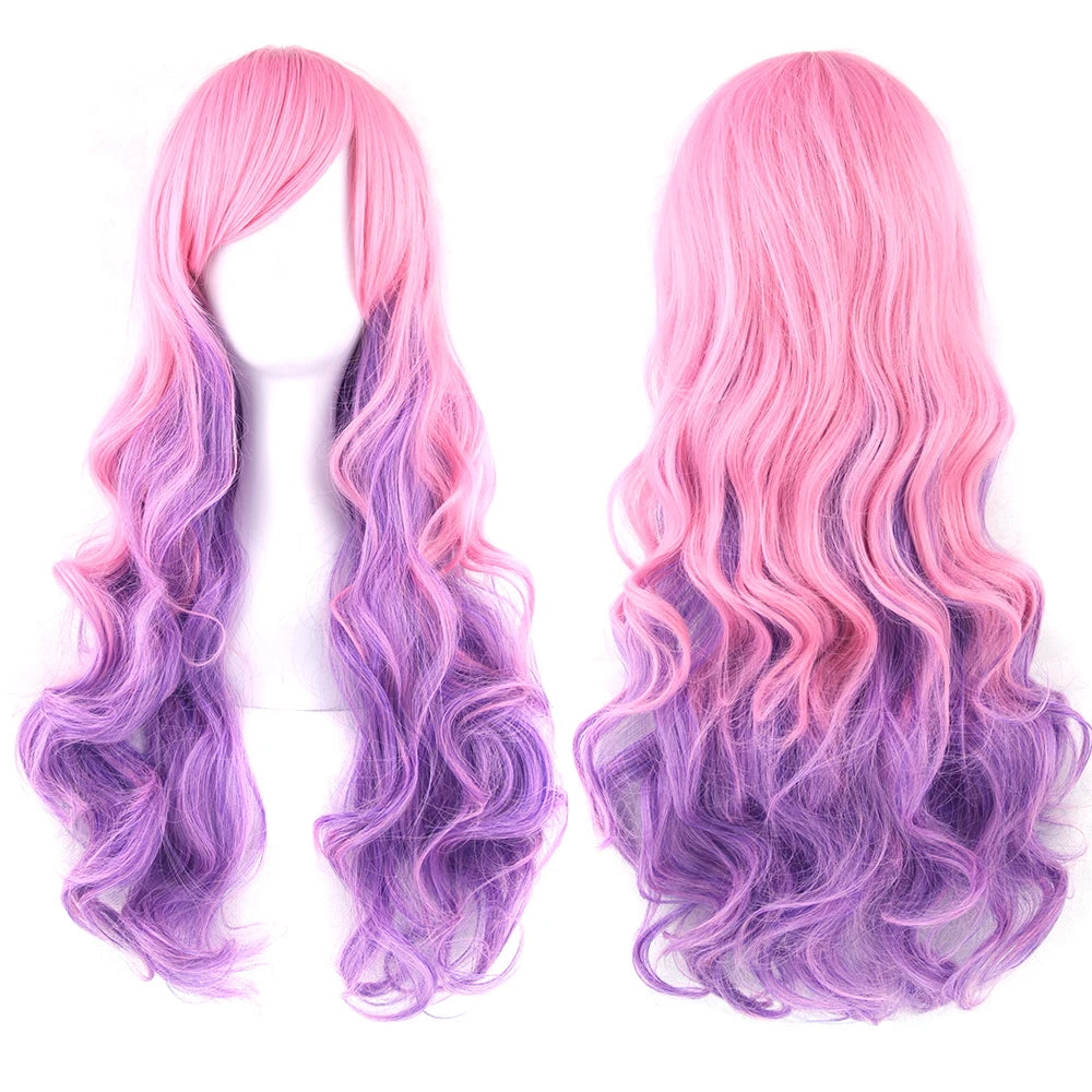 Synthetic Hair Ombre Rainbow Cosplay Wig with Bangs Red Yellow Purple Green Blue Wigs