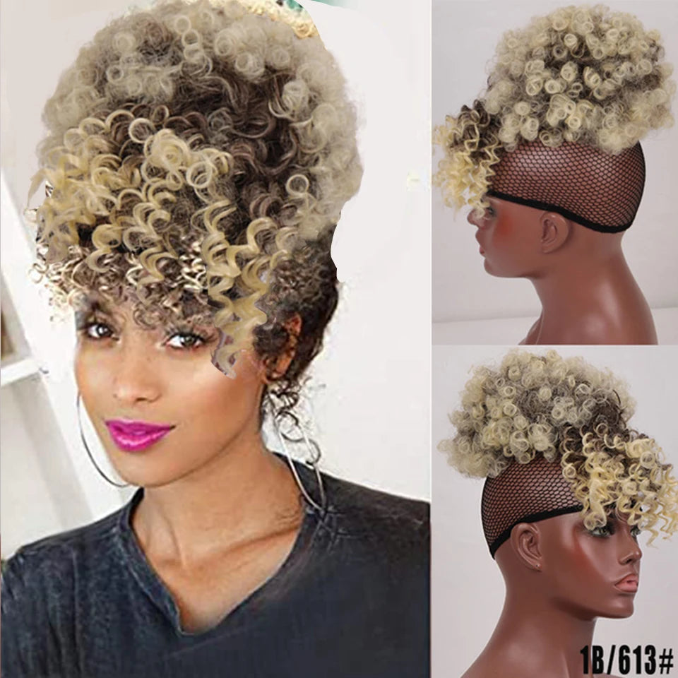 Synthetic Fake Hair Bun Hairpiece Hair Afro Chignon Scrunchies With Bangs Drawstring Ponytail