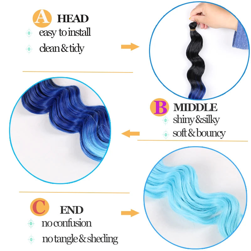 20“Deep Curly Synthetic Hair Deep Wave Bulk Crochet Braid Black Ombre Blue