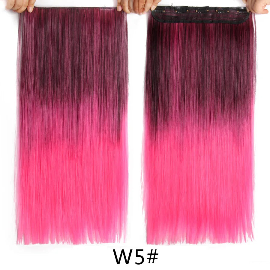 Synthetic 22Inch Clips in Hair Extension Long Straight 5Clip Ombre Black Brown