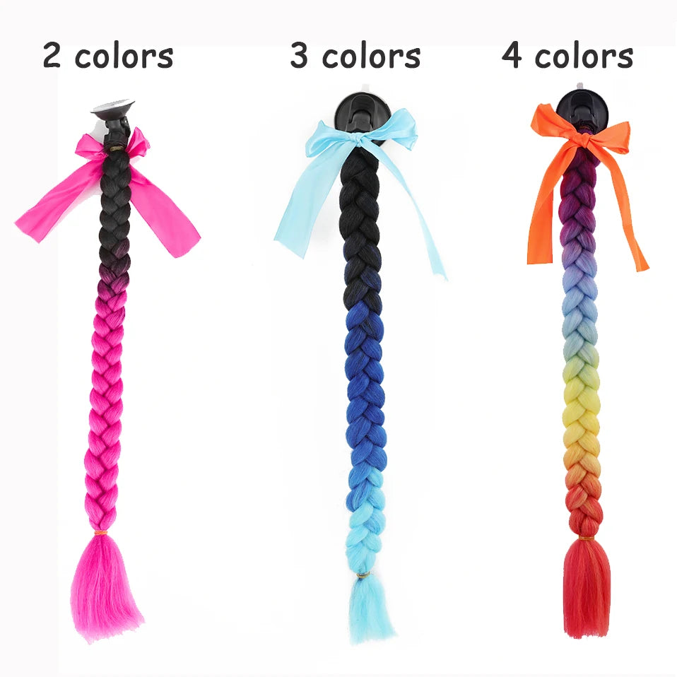 Synthetic Helmet Pigtails Gradient Ramp Braids Ponytail Hair Suction Cup Bowknot Motor