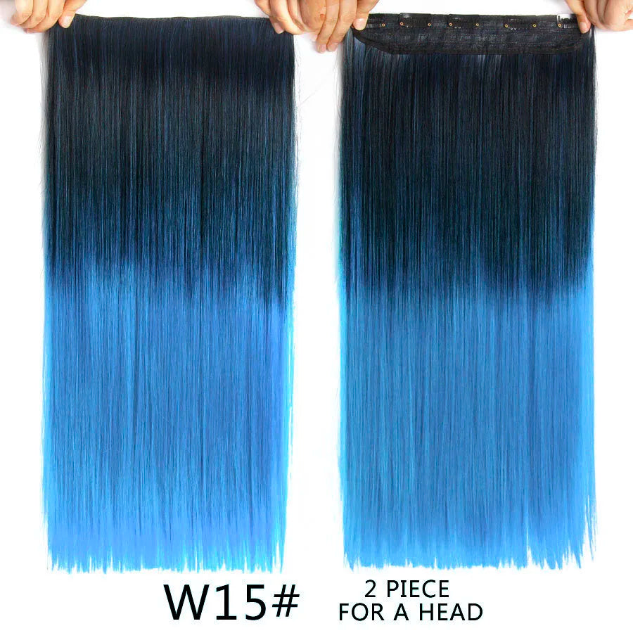 Synthetic 22Inch Clips in Hair Extension Long Straight 5Clip Ombre Black Brown