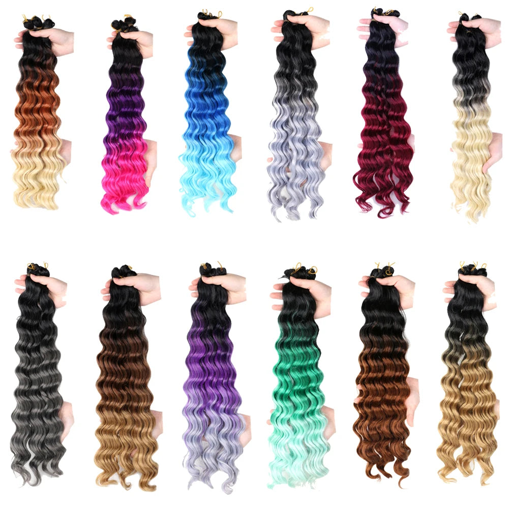 20“Deep Curly Synthetic Hair Deep Wave Bulk Crochet Braid Black Ombre Blue
