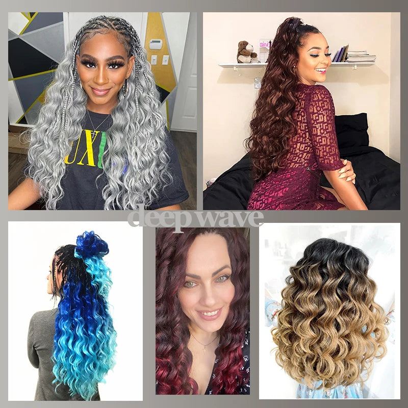 20“Deep Curly Synthetic Hair Deep Wave Bulk Crochet Braid Black Ombre Blue