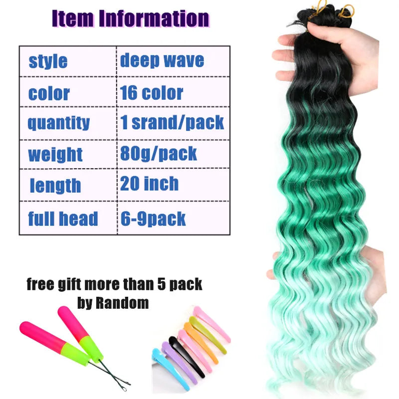 20“Deep Curly Synthetic Hair Deep Wave Bulk Crochet Braid Black Ombre Blue