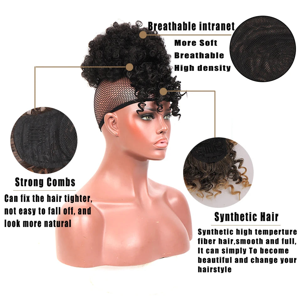 Synthetic Fake Hair Bun Hairpiece Hair Afro Chignon Scrunchies With Bangs Drawstring Ponytail
