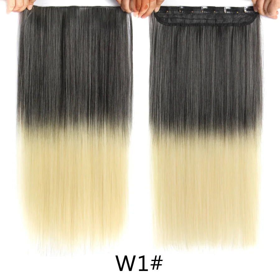 Synthetic 22Inch Clips in Hair Extension Long Straight 5Clip Ombre Black Brown
