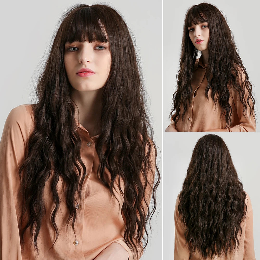 Blonde Unicorn Long Wavy Synthetic Dark Brown Hair Wigs Bangs Heat Resistant