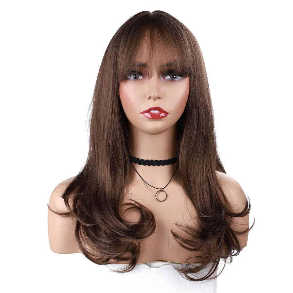 18 Inch Long Wavy Synthetic Wig With Side Bangs Brown