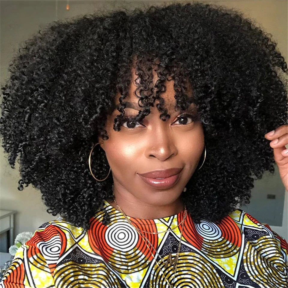 Afro Curly Human Hair Wigs Bangs, 250% Density Glueless Short Bob Fringe