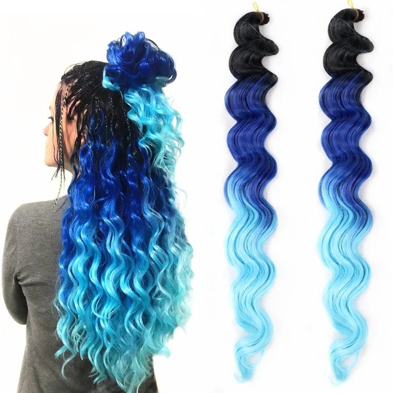 20“Deep Curly Synthetic Hair Deep Wave Bulk Crochet Braid Black Ombre Blue