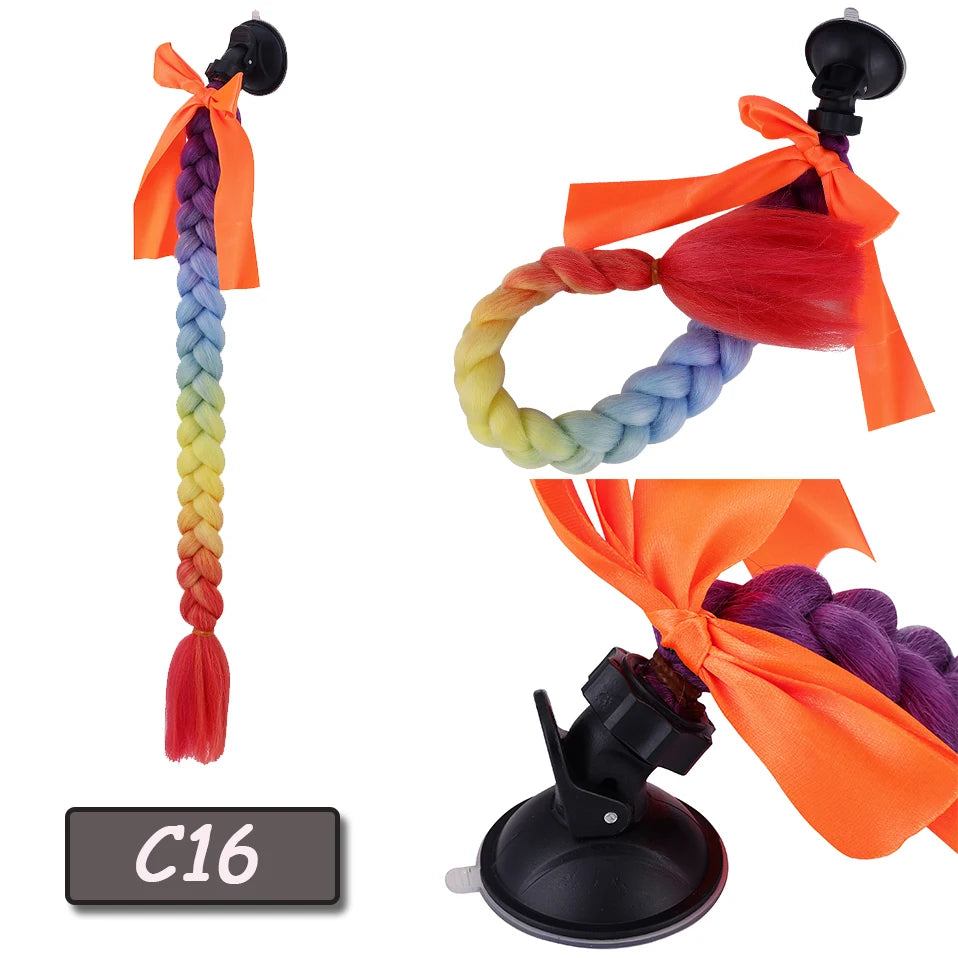 Synthetic Helmet Pigtails Gradient Ramp Braids Ponytail Hair Suction Cup Bowknot Motor