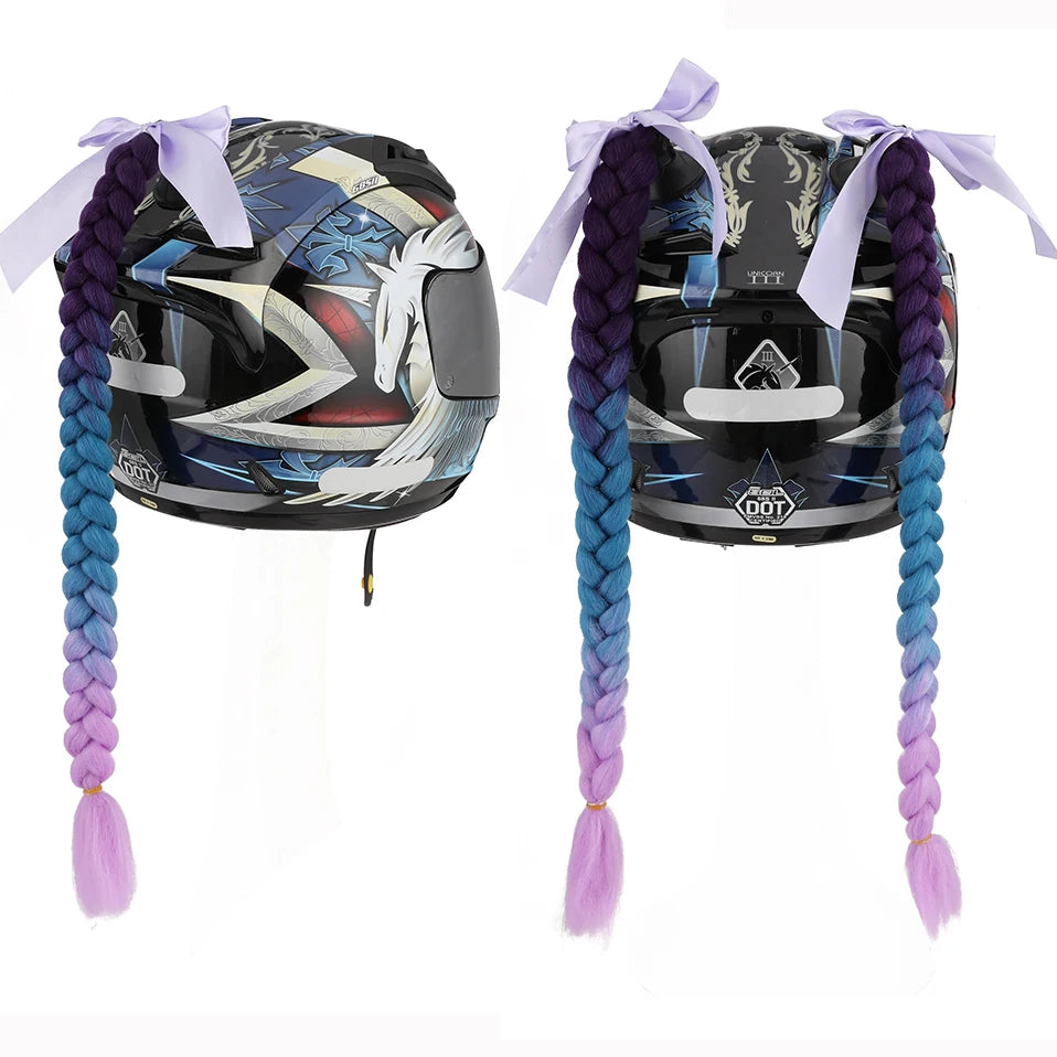 Synthetic Helmet Pigtails Gradient Ramp Braids Ponytail Hair Suction Cup Bowknot Motor