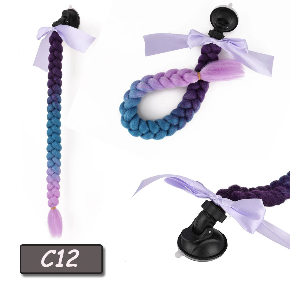 Synthetic Helmet Pigtails Gradient Ramp Braids Ponytail Hair Suction Cup Bowknot Motor