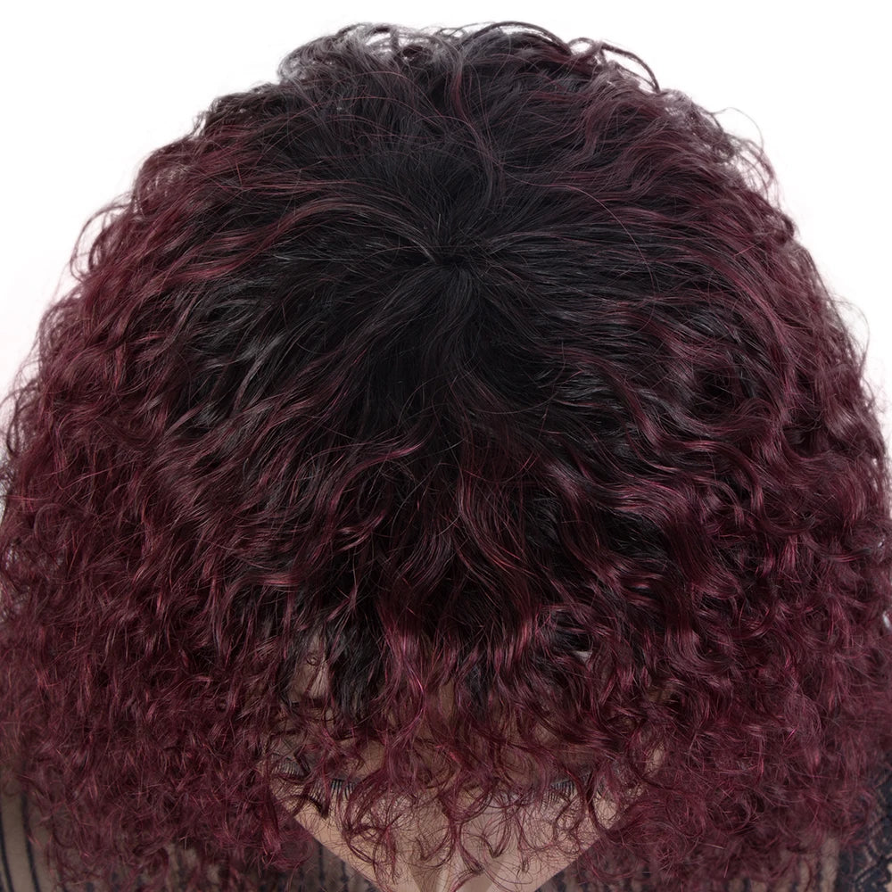 Jerry Curly Human Hair Wigs Bangs Full Machine Made Highlight Honey Blonde