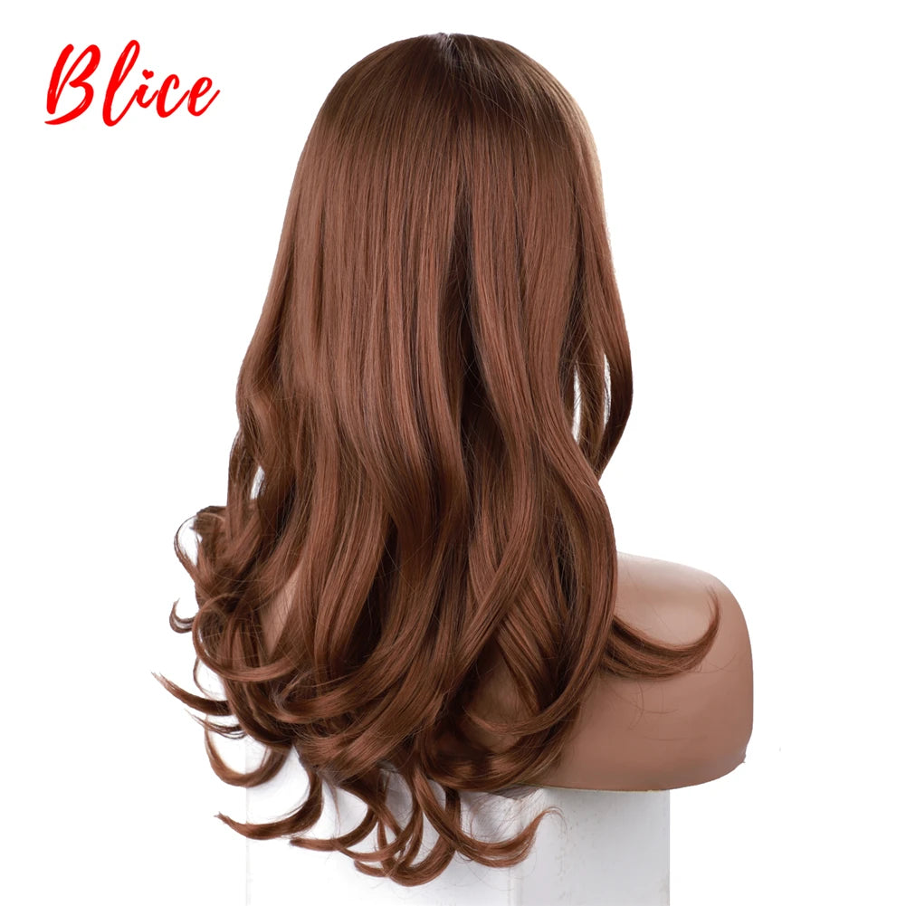 18 Inch Long Wavy Synthetic Wig With Side Bangs Brown