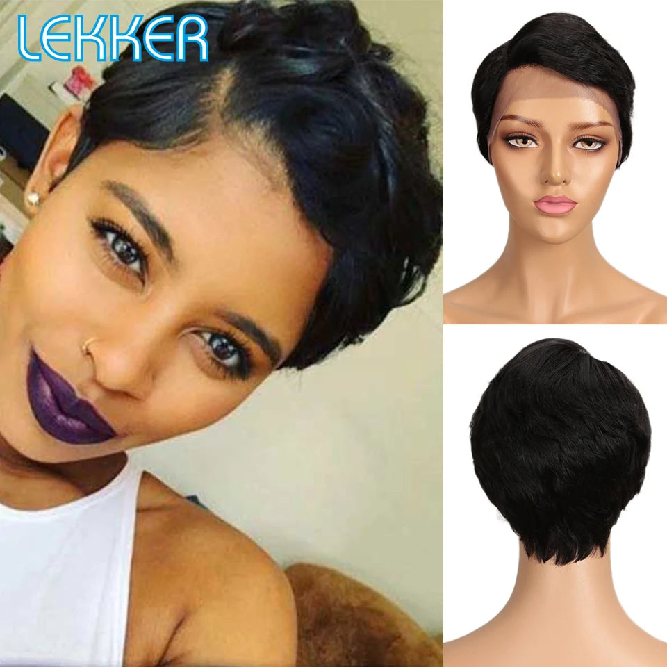 Black Short Pixie Cut, 13x1 C Part Lace Front 100% Human Hair