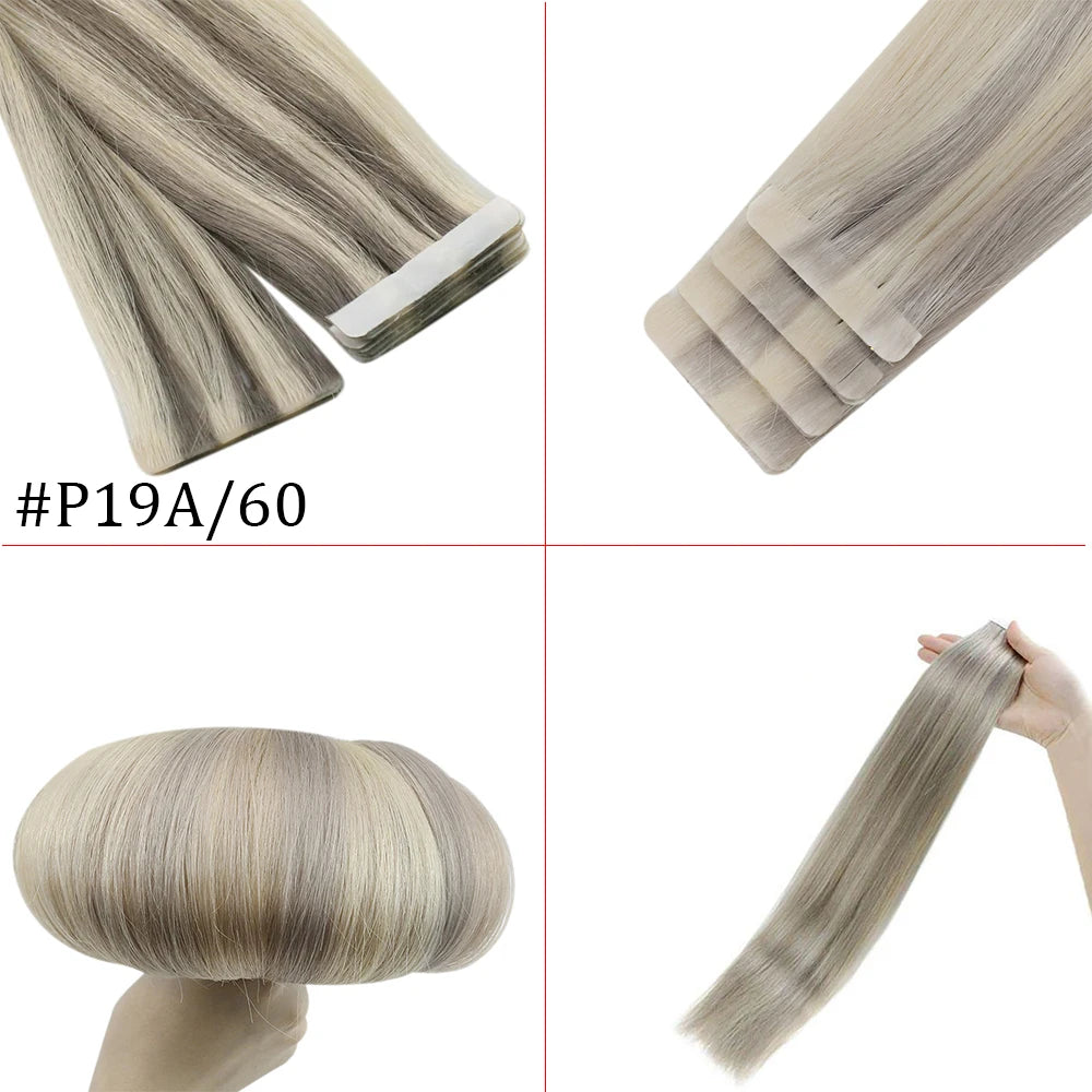 [12 Months] Invisible Seamless Injection Tape Hair Extensions Virgin Whitest Blonde 10A