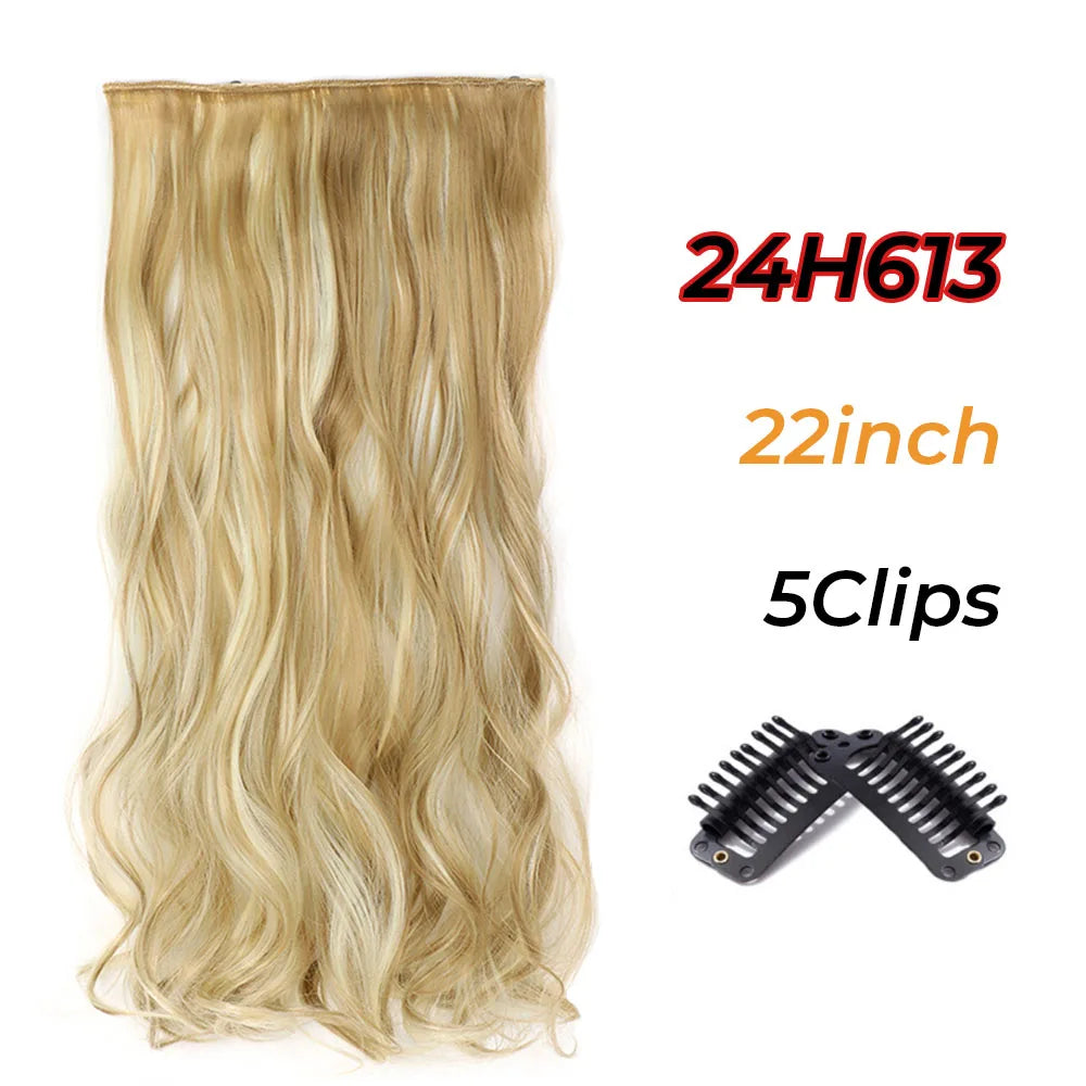 Long Wavy Synthetic 5 Clip In Hair Extensions Black Orange Heat Resistant Hairpieces