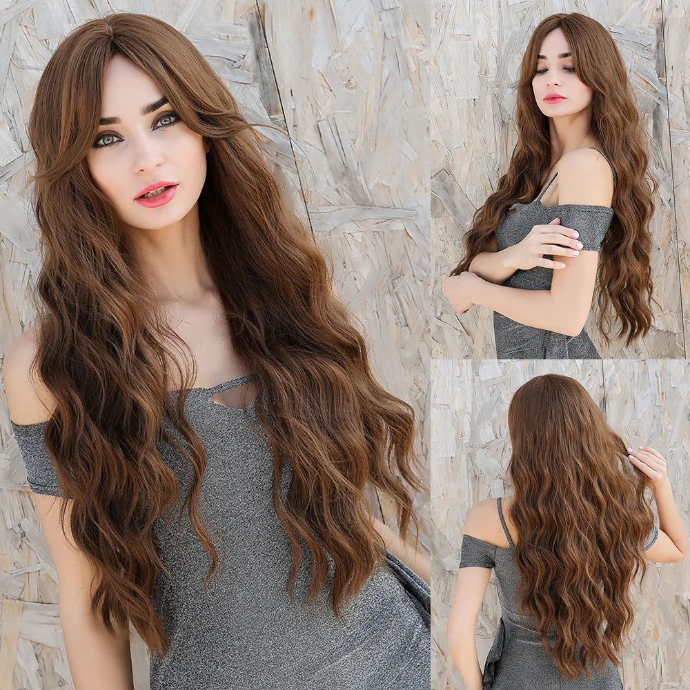 Blonde Unicorn Long Wavy Synthetic Dark Brown Hair Wigs Bangs Heat Resistant