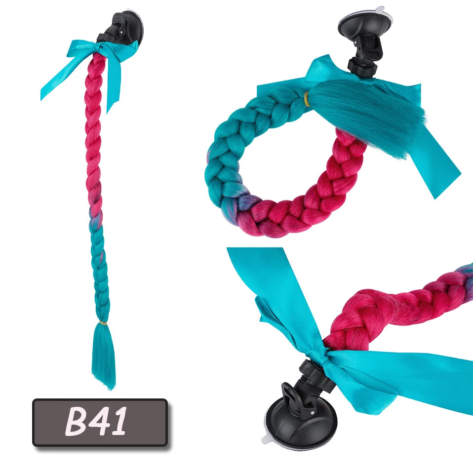 Synthetic Helmet Pigtails Gradient Ramp Braids Ponytail Hair Suction Cup Bowknot Motor