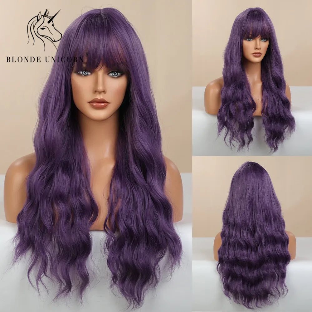 Blonde Unicorn Long Wavy Synthetic Dark Brown Hair Wigs Bangs Heat Resistant