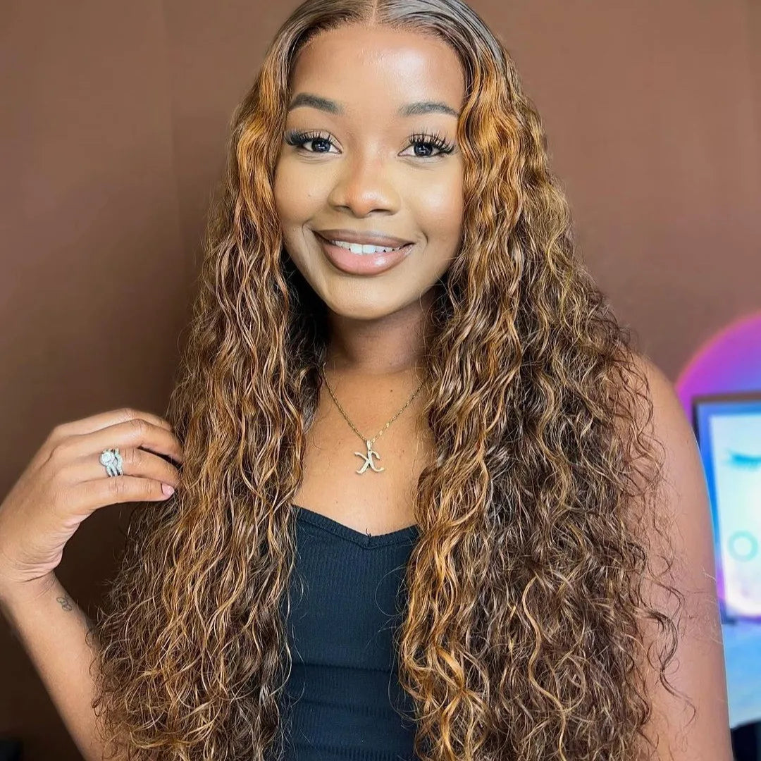 Honey Blonde Curly Wigs, 13x6 Glueless Highlight Human Hair Ready To Wear