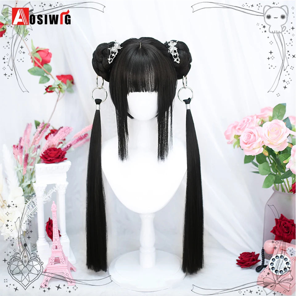 Blonde Twin Ponytail Princess Cut Natural Short Hair Synthetic Wigs Bangs Heat