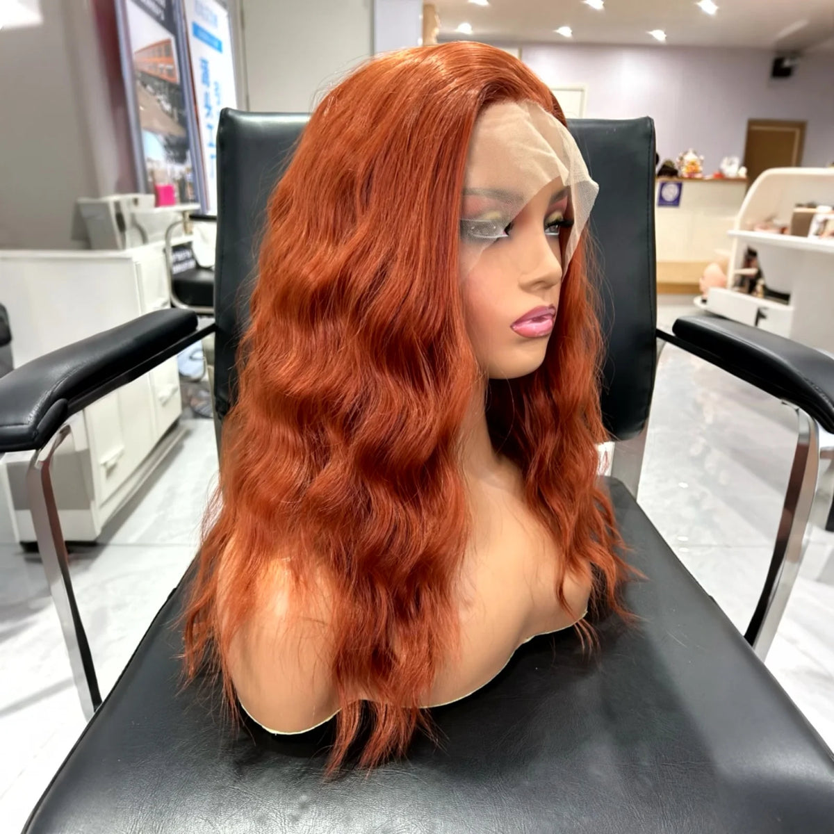 Auburn Short Copper Red Curly Wig Synthetic Part Medium Length Natural Wave