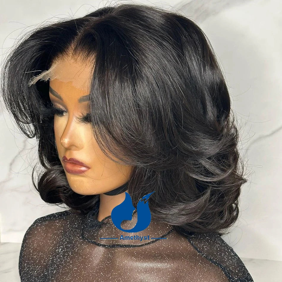 Layered Middle Part Silk Top Lace Closure Human Hair Wig, Short Bob, Pre Plucked