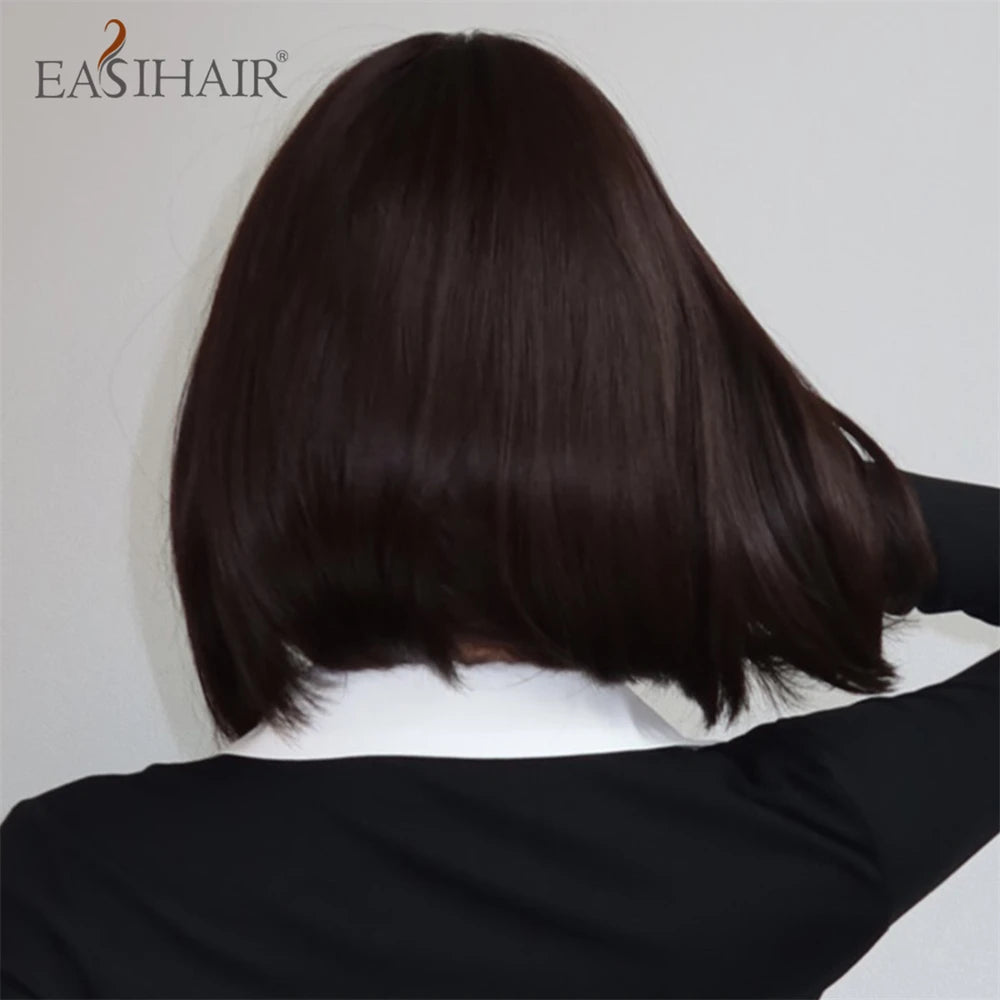 Short Straight Synthetic Wigs Bangs Dark Brown Black Bob Daily Cosplay Party
