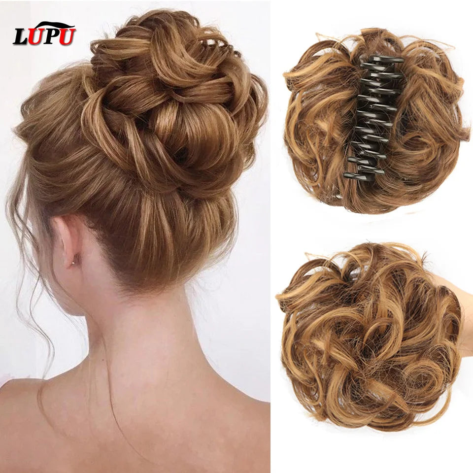 Synthetic Messy Bun Chignon Claw Clip Hair Piece - Wavy Curly Ponytail Scrunchie