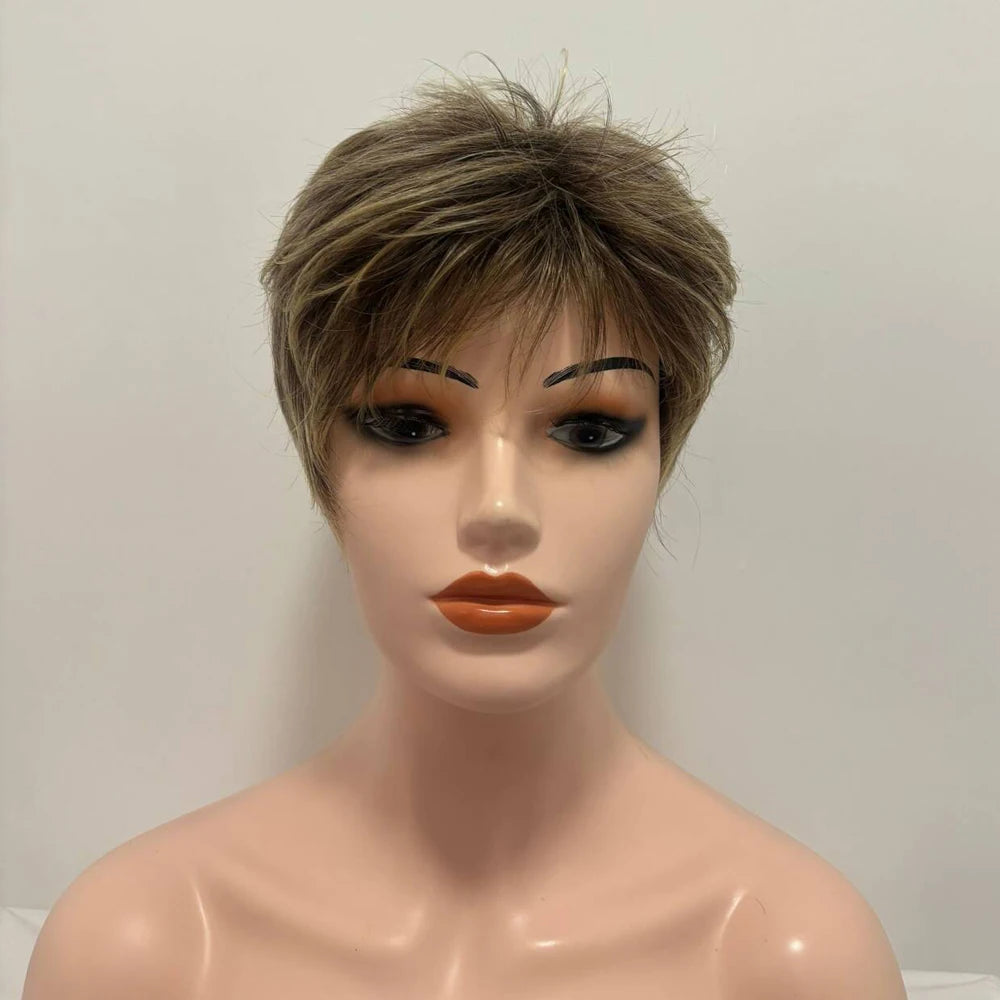 Short Dark Brown Mixed Blonde Highlight Pixie Cut Wigs with Bangs Synthetic Hair Layered Wigs