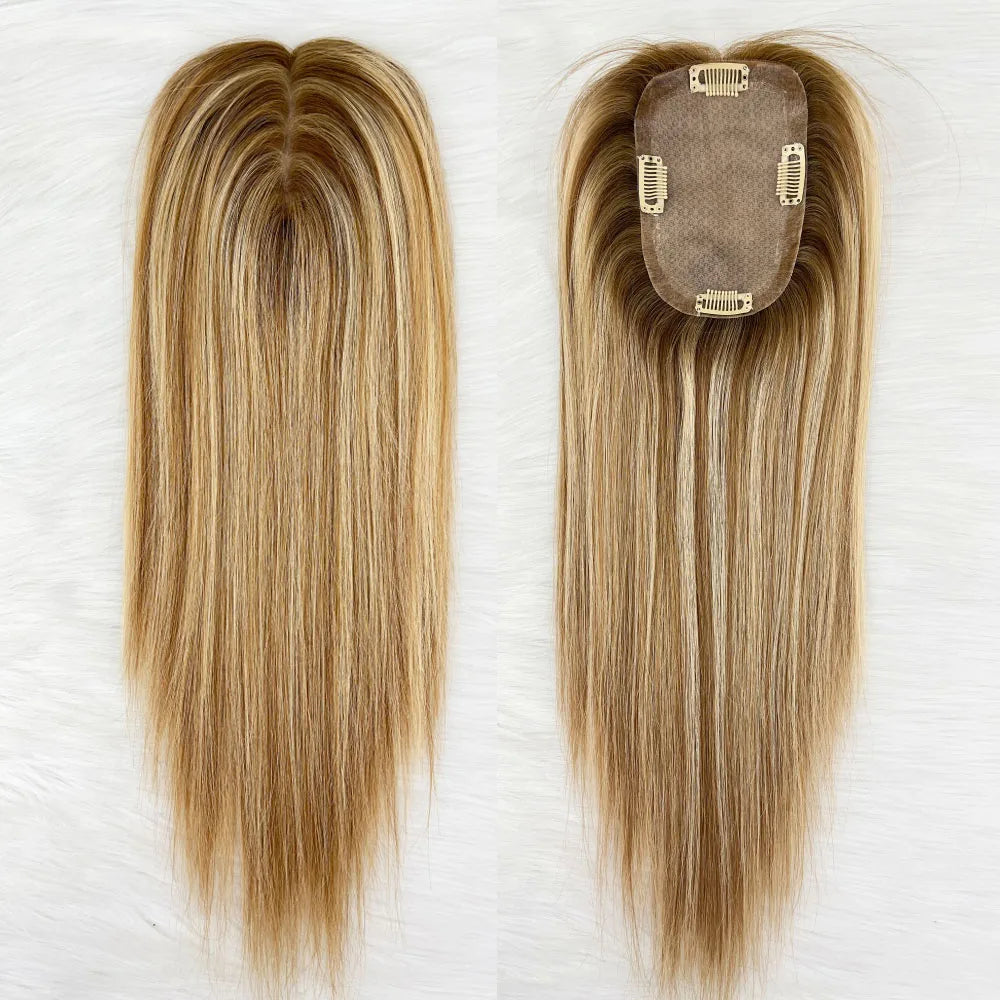 9x14cm 16inch Highlight Blonde Human Hair Cloure Silk Base Topper Clips in