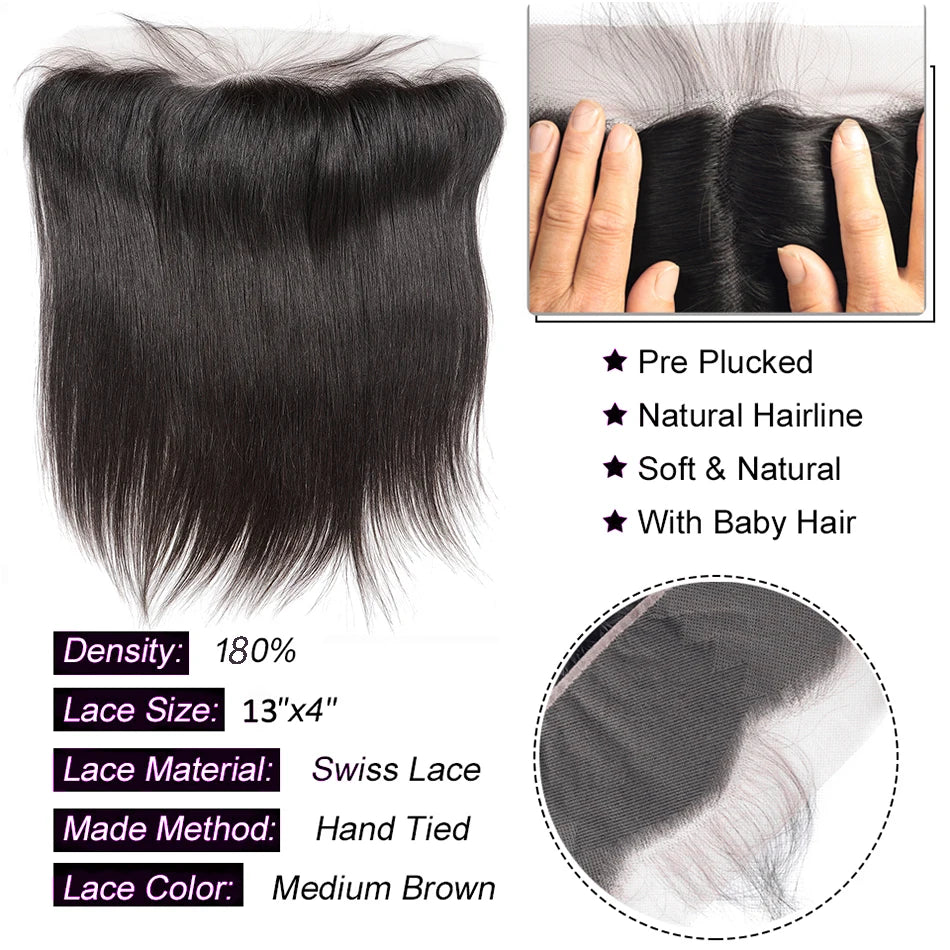15A Brazilian Bone Straight Bundles with 13x4 Frontal, Virgin Human Hair, HD Transparent Lace