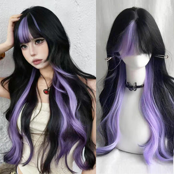 Black Highlight Purple Synthetic Wig Cosplay Long Wavy Layered Bangs Heat Resistant