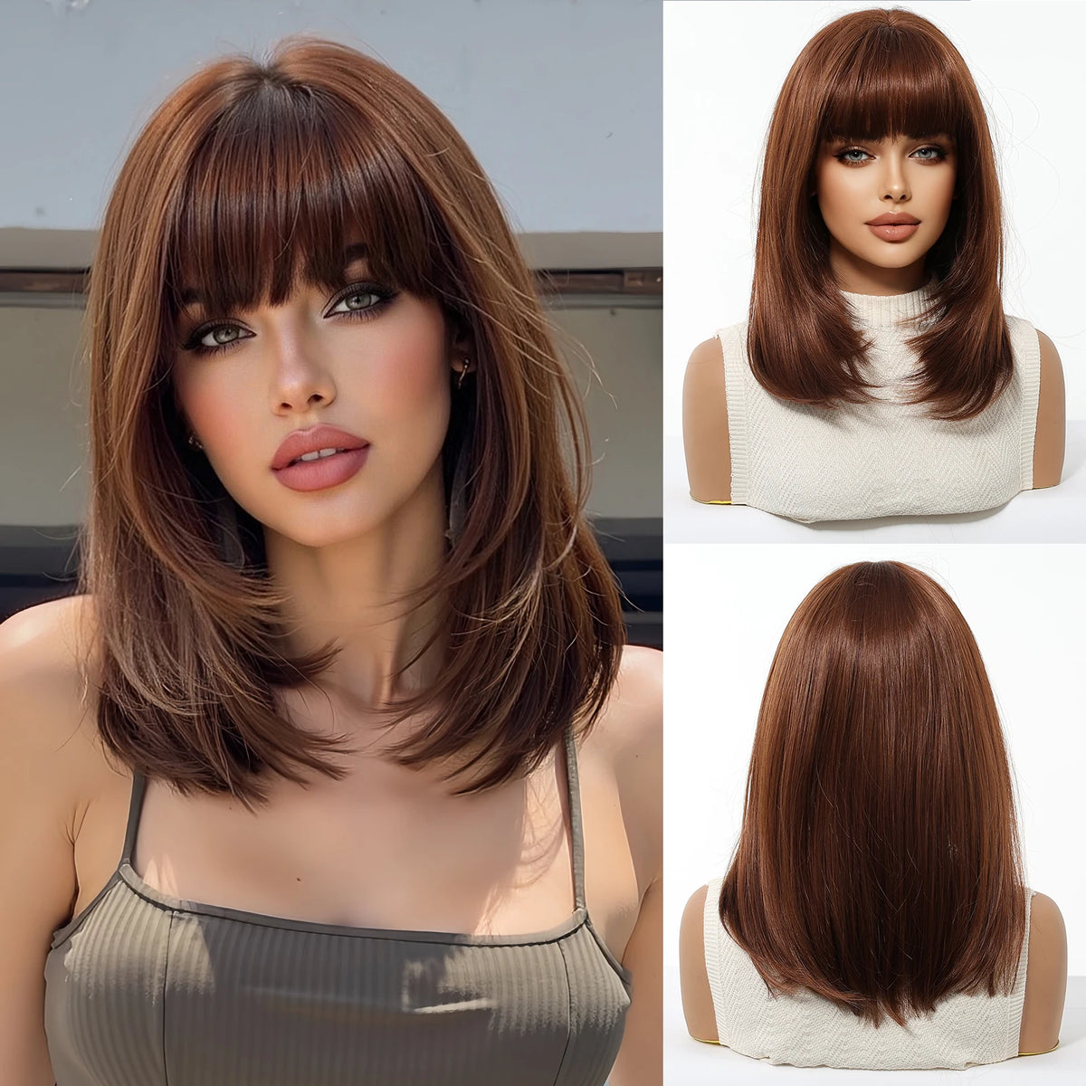 Blonde Straight Synthetic Wigs Bang Medium Length Natural Hair Daily Cosplay Heat