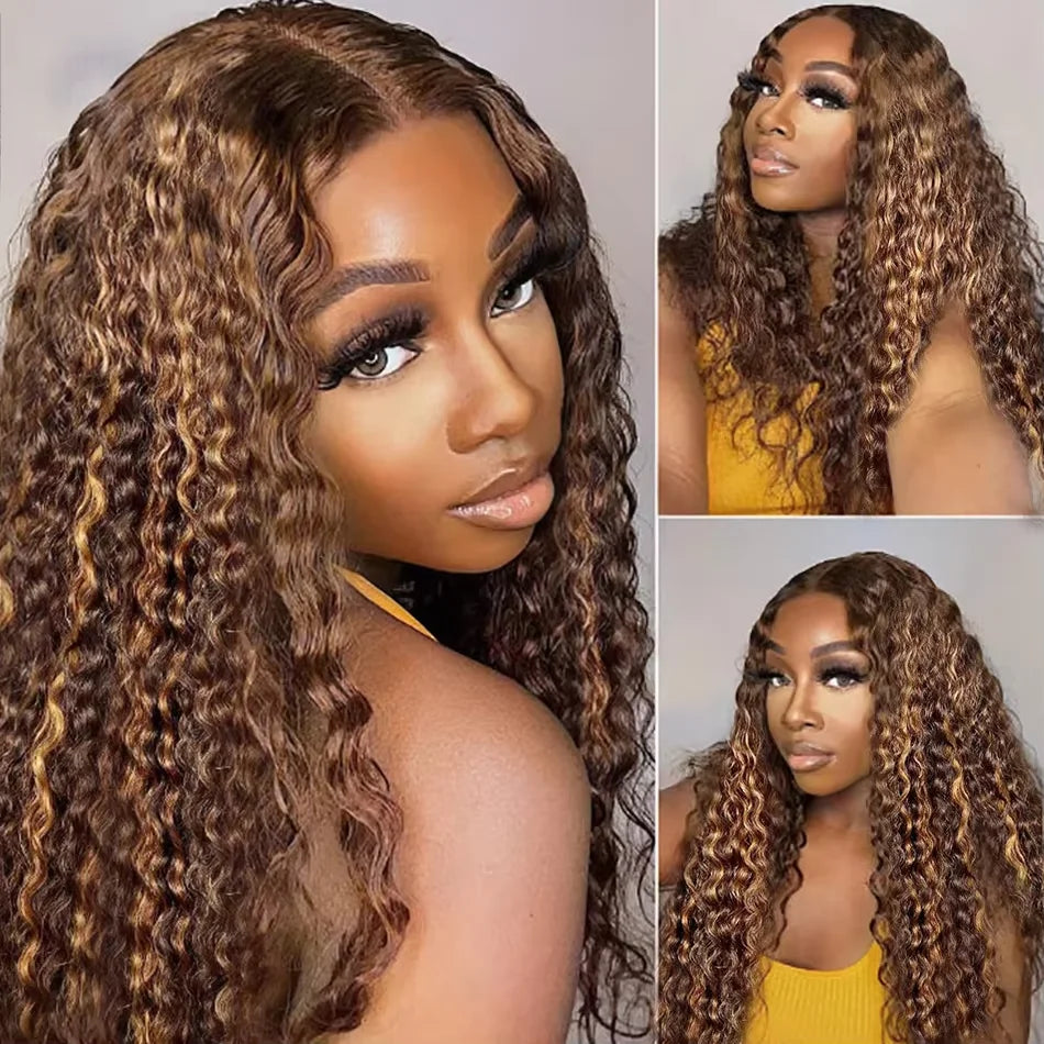 4/27 Highlight Curly Brazilian Hair Weaves Bundles Frontal, 13x4 Lace Closure Deep