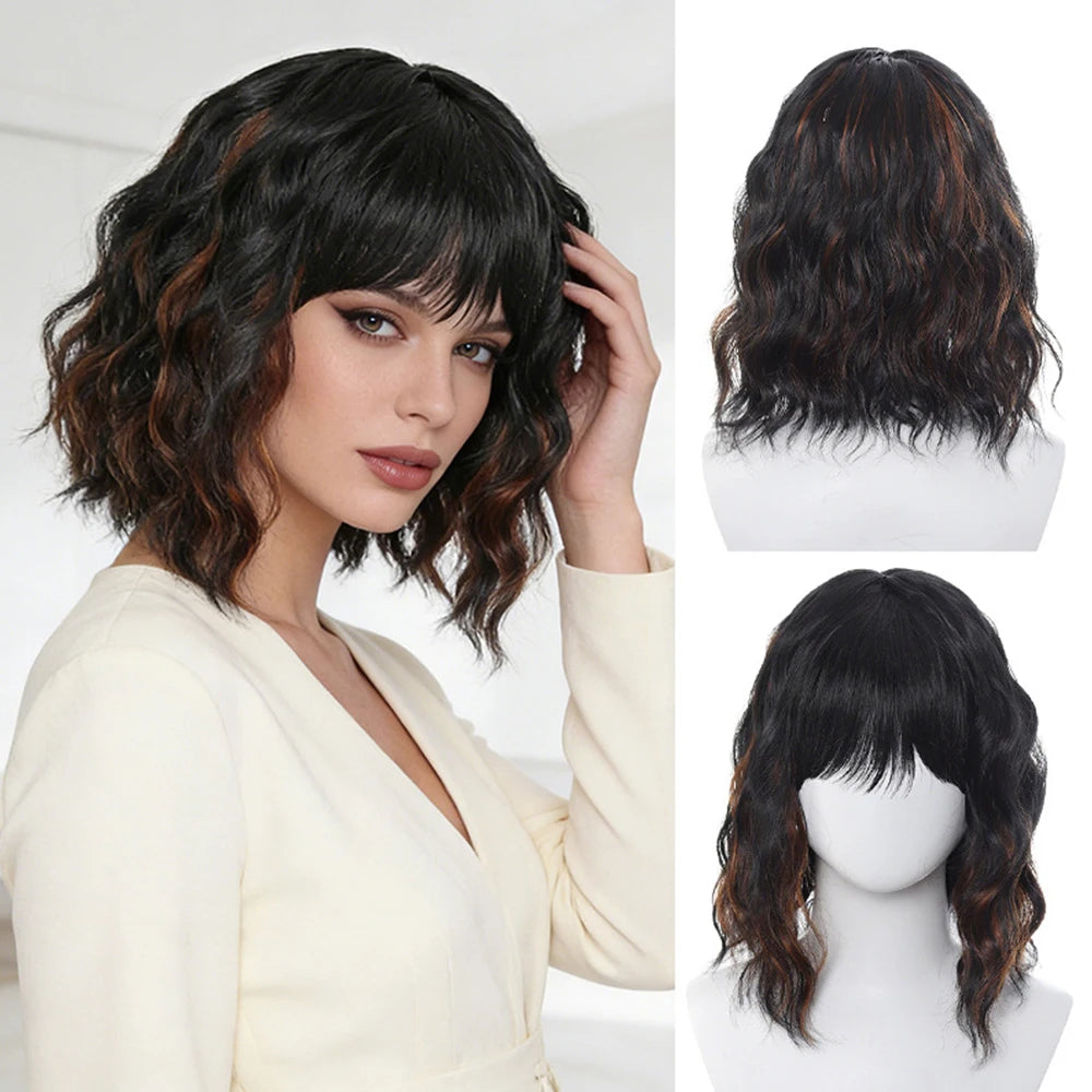 Natural Black Short Curly Wig - Shoulder Length Wavy Bob with Bangs | Synthetic Heat-Resistant Hair