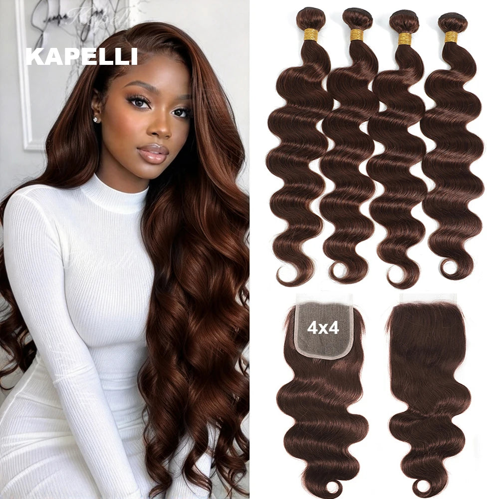 Brown Body Wave Human Hair Bundles with Lace Closure — Brazilian, Remy