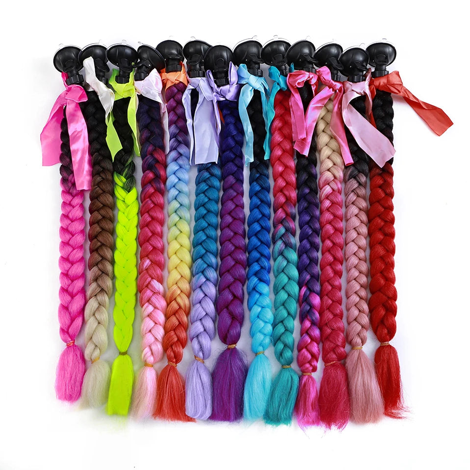 Synthetic Helmet Pigtails Gradient Ramp Braids Ponytail Hair Suction Cup Bowknot Motor