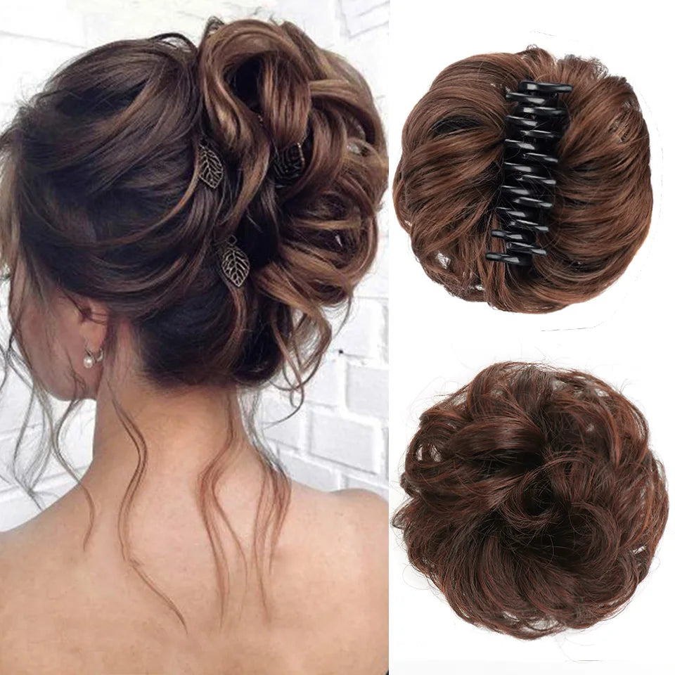Synthetic Messy Bun Chignon Claw Clip Hair Piece - Wavy Curly Ponytail Scrunchie