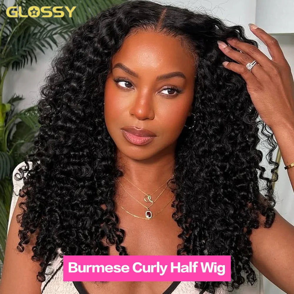 Burmese Curly Human Hair Half Wig — Glueless 3-in-1, 300% Density