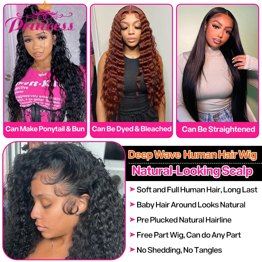 13x4/13x6 HD Transparent Lace Front Human Hair Deep Wave Wig, Pre-Plucked Brazilian, with Baby Hair