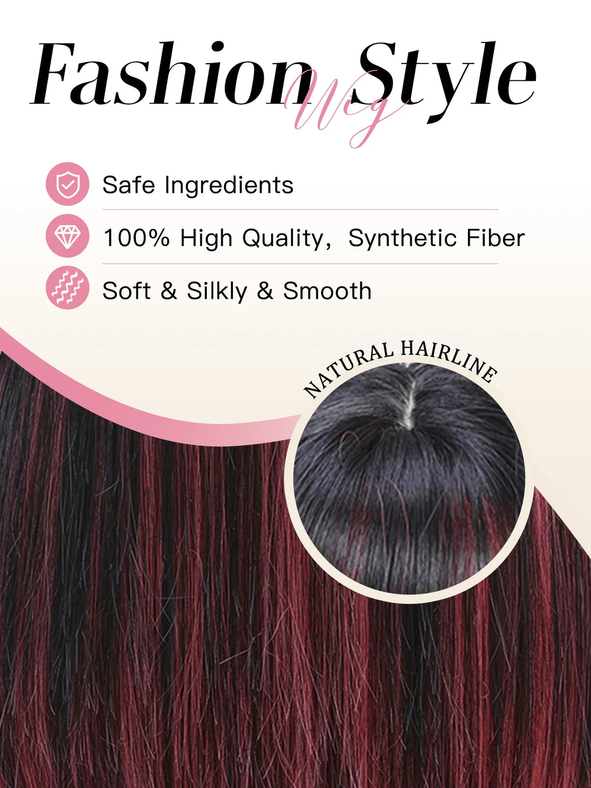 Black Highlight Pink Synthetic Wig Bangs Long Straight Red Cosplay Party Christmas