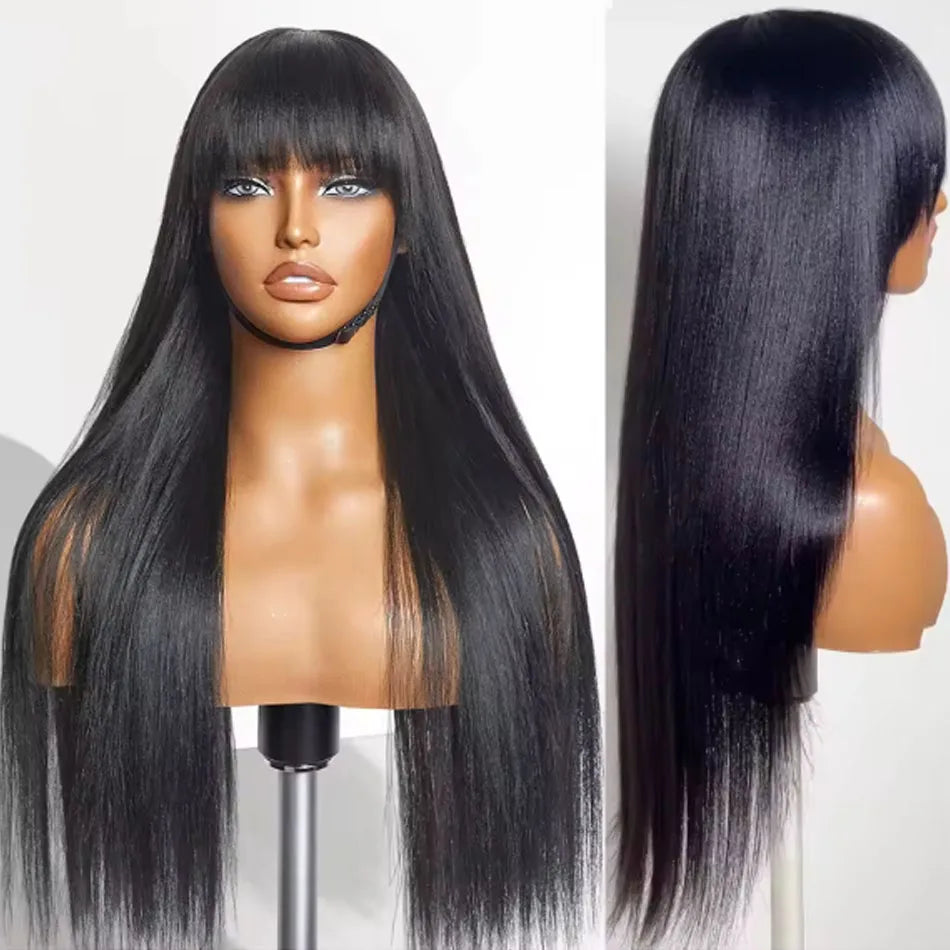 Natural Black Bone Straight Human Hair Wig Bangs 30Inch Glueless Brazilian, 3x1